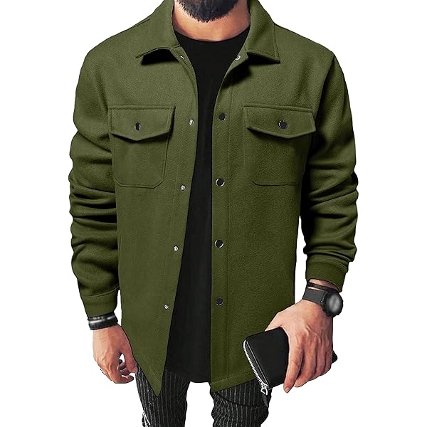 RSZGSWS Mens Shirt Jacket with Flap Pocket Woolen Blend Lapel